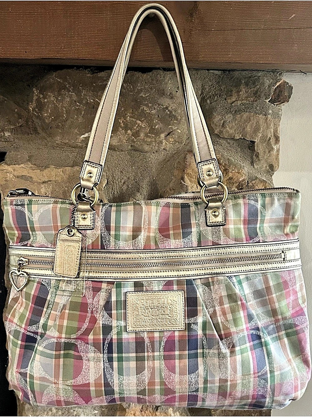 Coach Poppy Daisy Madras Plaid Gold Leather Signature Tote
